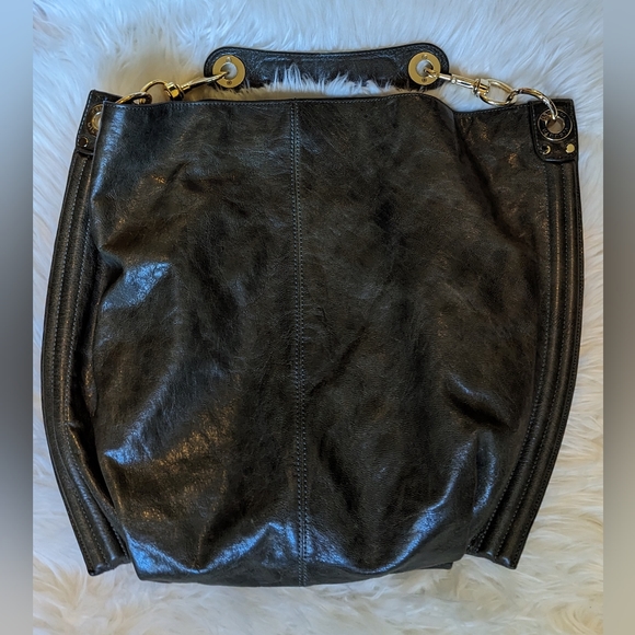 EUC Rebecca Minkoff dark green shiny soft leather interior blue/blk polka dot - Picture 2 of 14